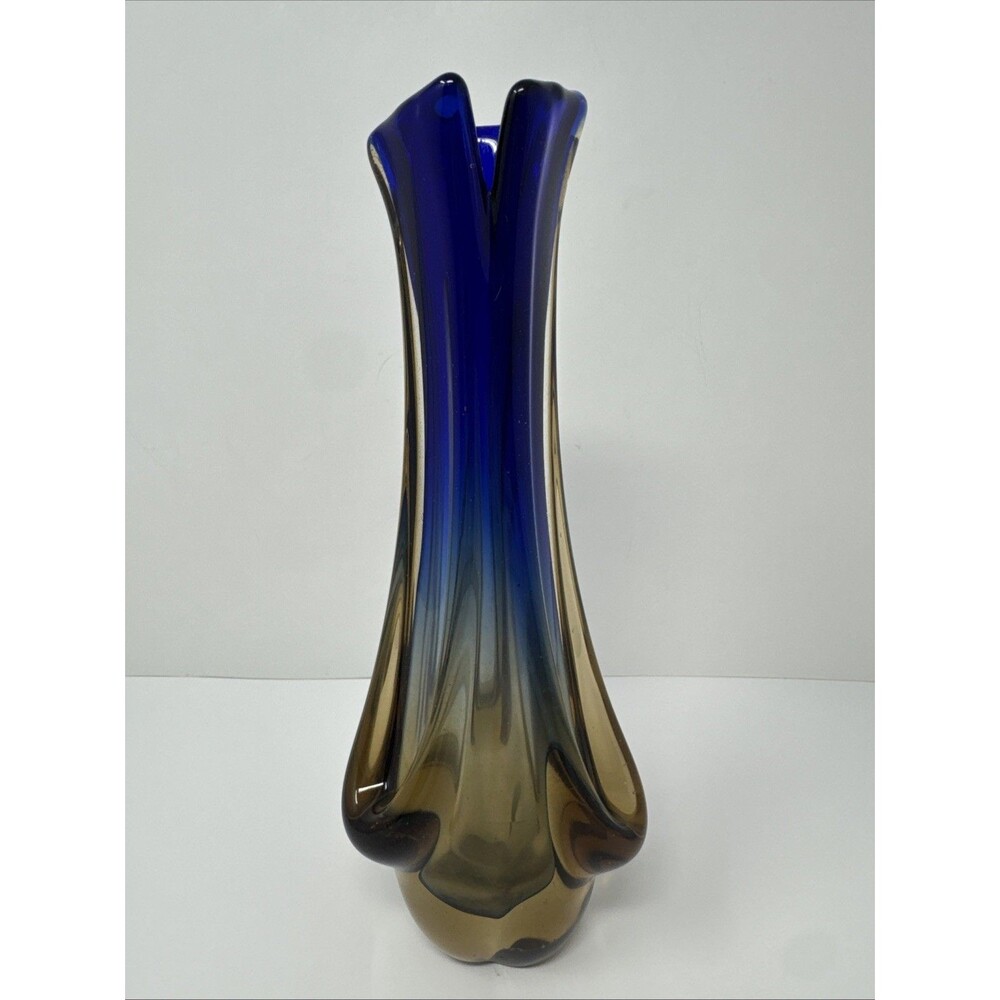 Vintage Murano? Style Sommerso MCM Blue & Amber Submerged Art Glass Vase